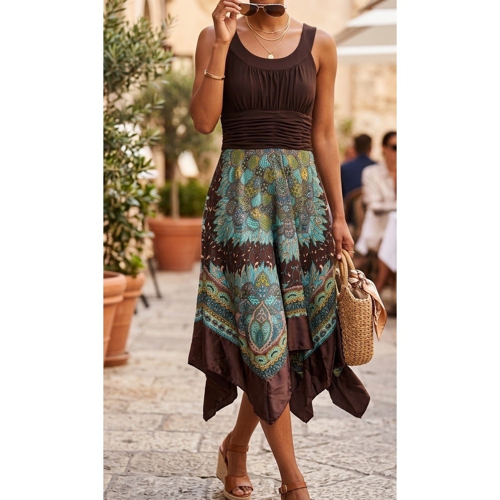 Sangria Women's NWT Boho Ruched Dress Brown Turquoise Teal Paisley, Size 6